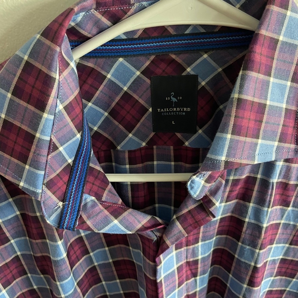 Tailorbyrd Collection Mens Large Plaid Button Down Shirt Maroon Blue Long Sleeve - Picture 2 of 5